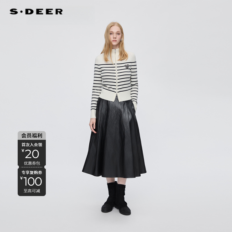 圣迪奥【墨迹行间】秋冬条纹立领休闲女士针织衫S253Z3533