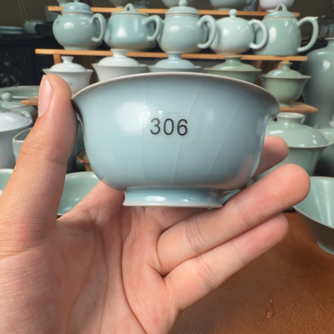 陶摆件一级仿古天青超薄胎压手杯100cc开片