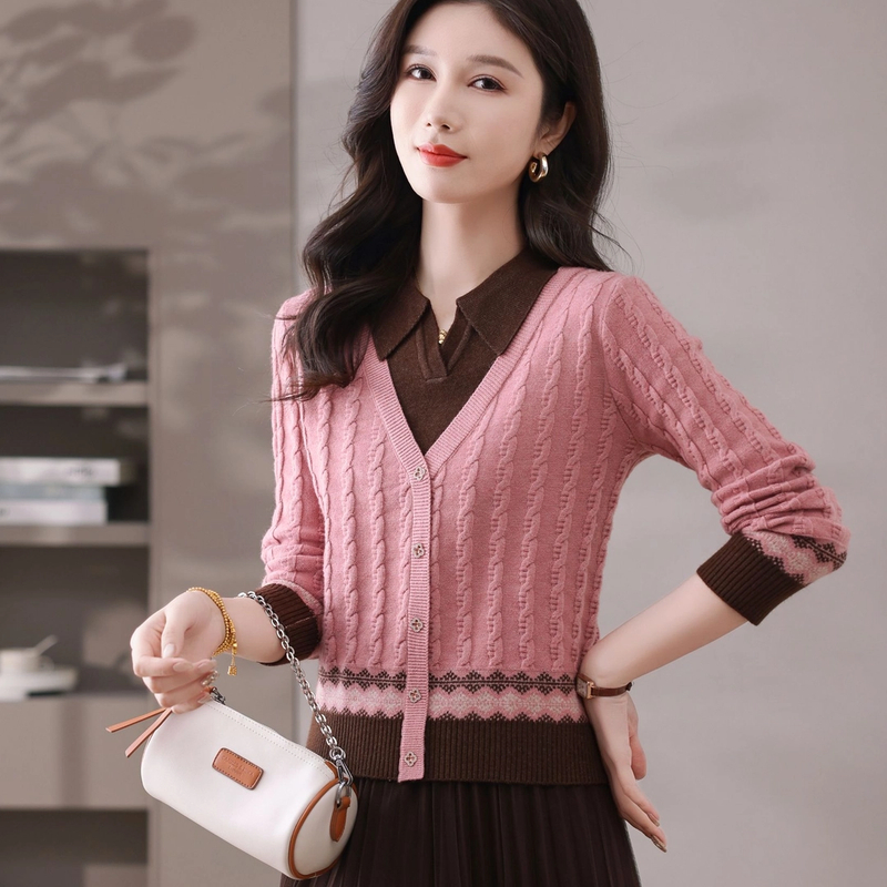 春秋短款翻领毛衣气质显瘦套头长袖百搭洋气宽松假两件中年女装
