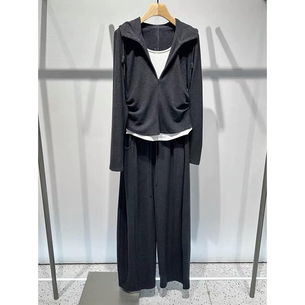 艾家商场同款2025秋季新款百搭连帽假两件灰色卫衣女裤子604114