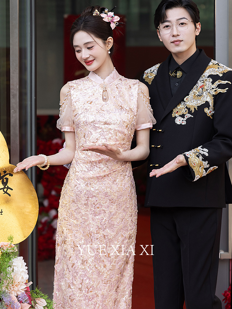 【月下兮-倾城】礼服新款粉色订婚旗袍敬酒服订婚礼服日常女款