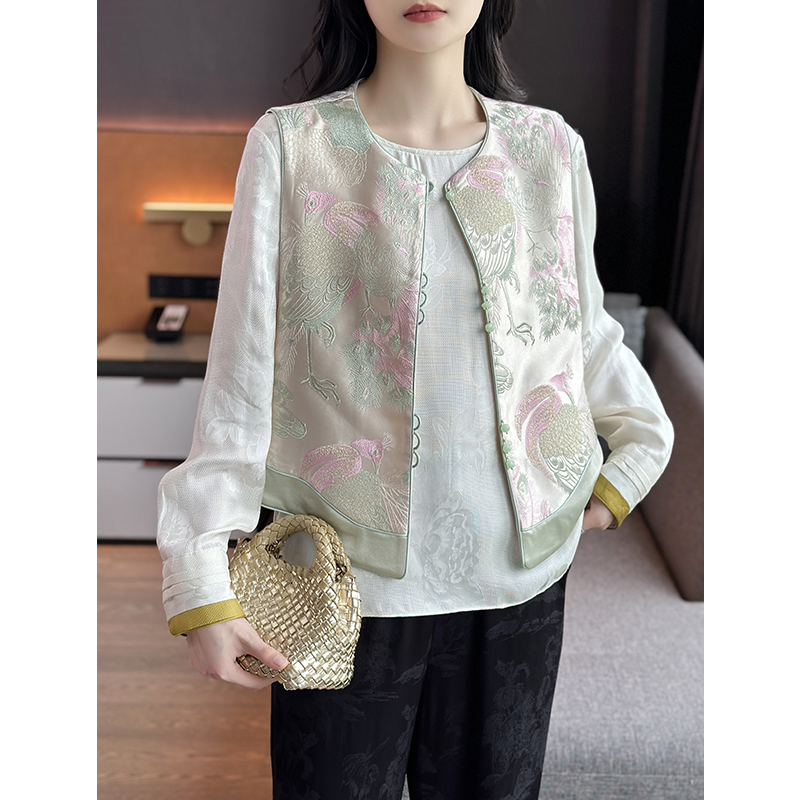 左左家 绝美轻奢国风~新中式圆领重工孔雀剌绣提花醋酸马甲外套女
