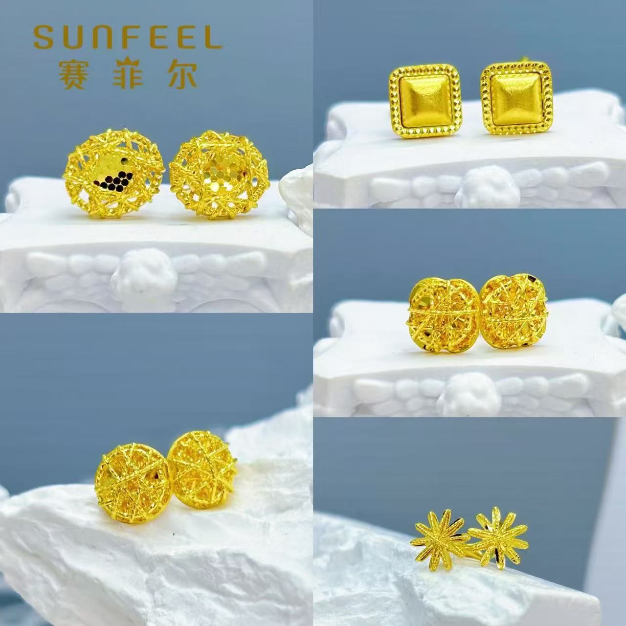 SUNFEEL/赛菲尔黄金足金鸽子蛋拉丝小方糖黄金耳饰时尚百搭精美款