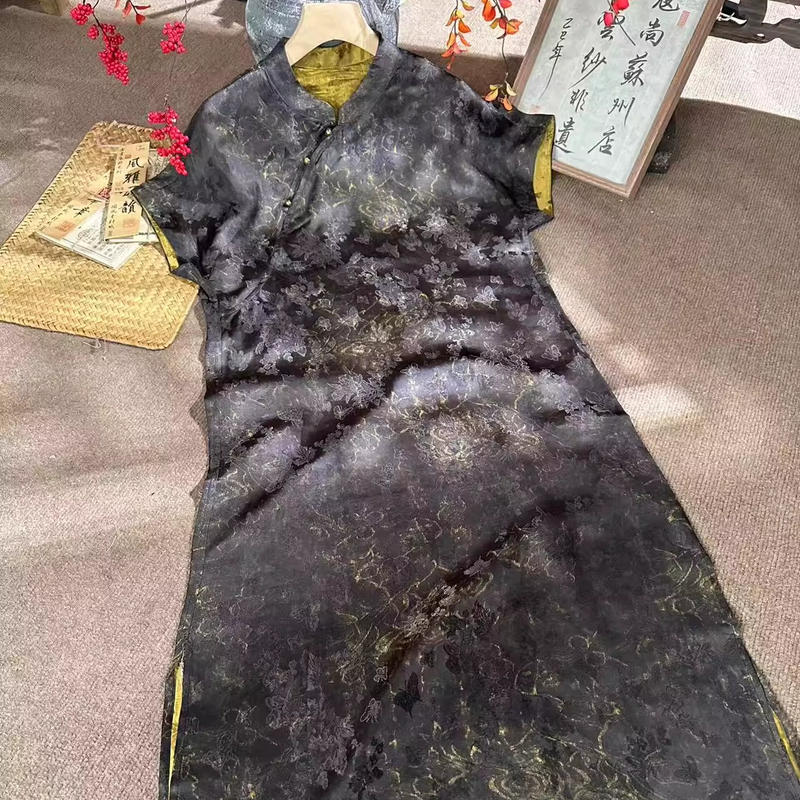 夏季新款短袖花团锦簇典雅新中式立领气质斜襟国风连衣裙