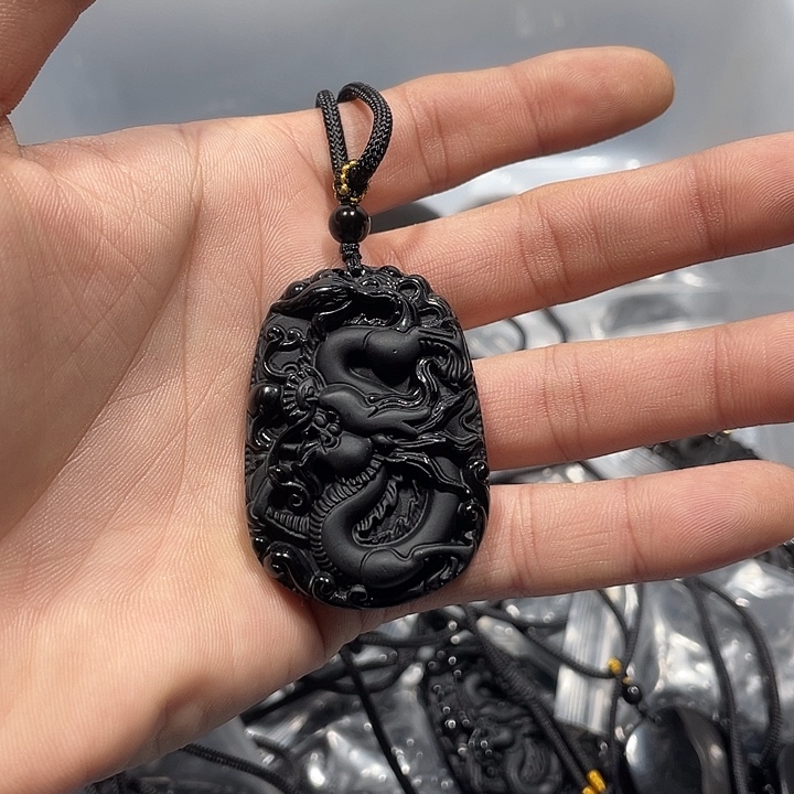 丁***当黑曜岩合金颈饰黑曜石龙牌