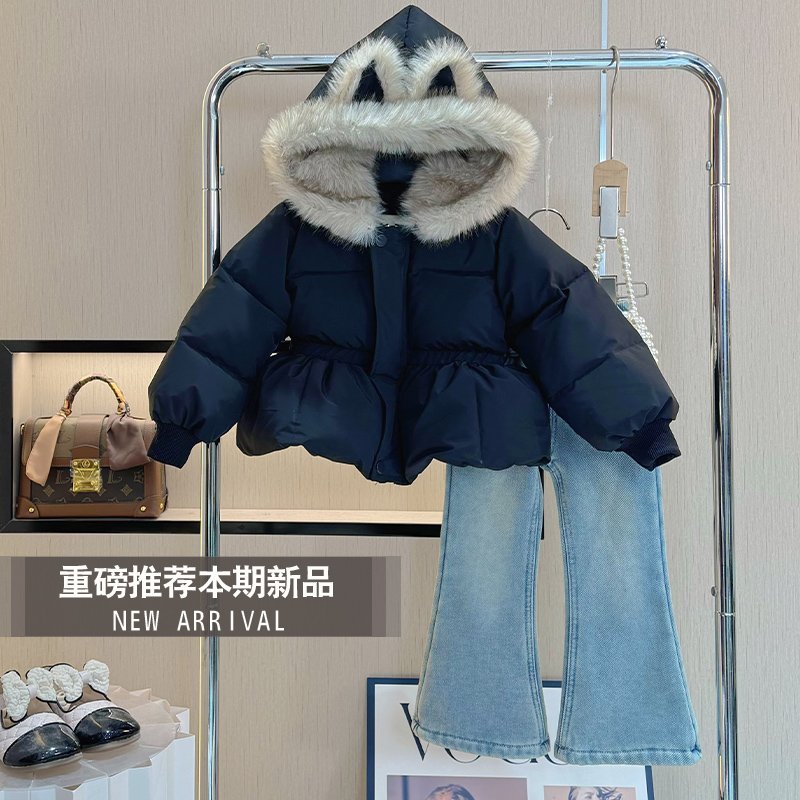 女童冬装2025新款小女孩洋气时尚加绒加厚外套儿童气质牛仔裤套装