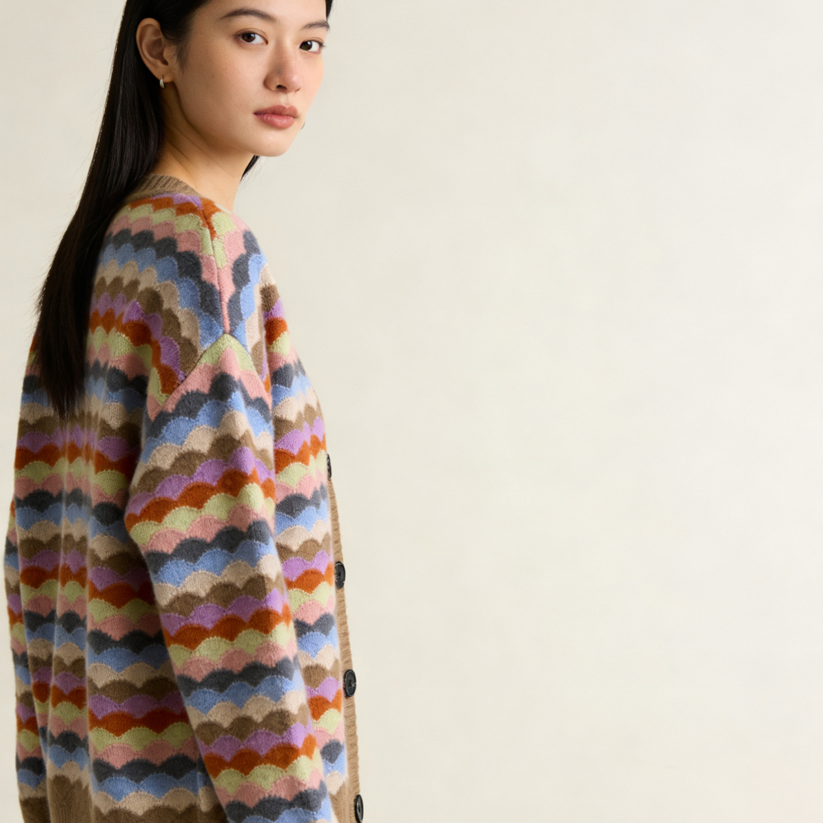 条纹提花加厚宽松慵懒风秋冬保暖针织开衫女毛衣外套6898