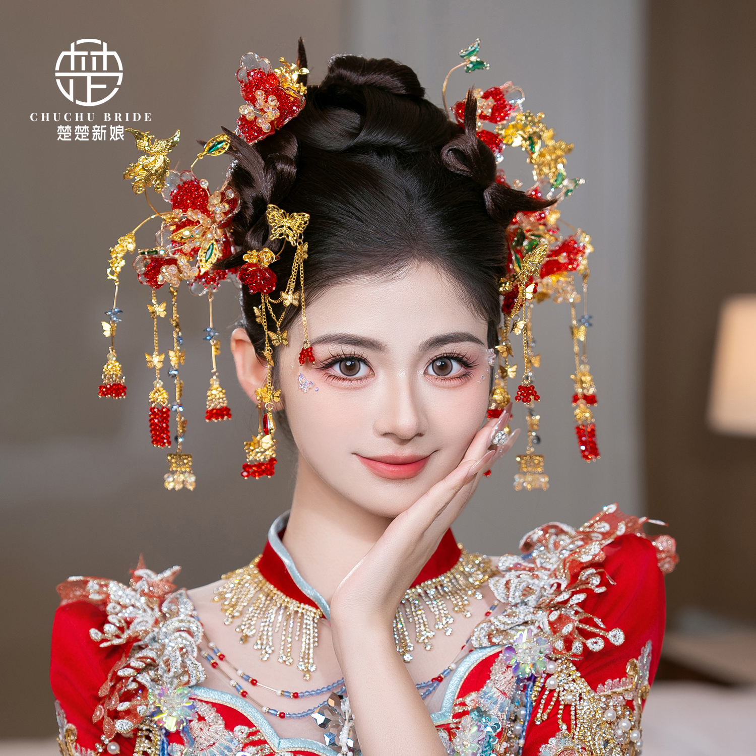 新中式秀禾新娘头饰结婚新娘红金色婚礼简单大气中式秀禾头饰