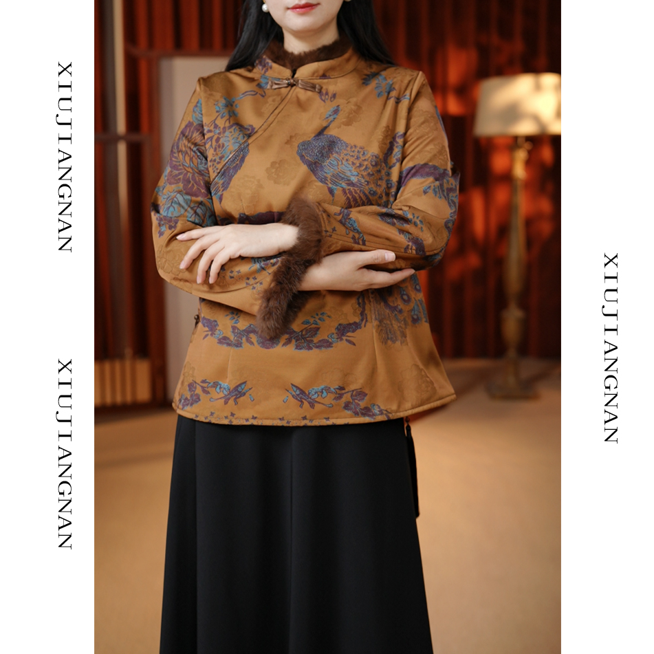 88225-中国风上衣短款网红斜襟立领加绒加厚款长袖加厚厚款轻奢