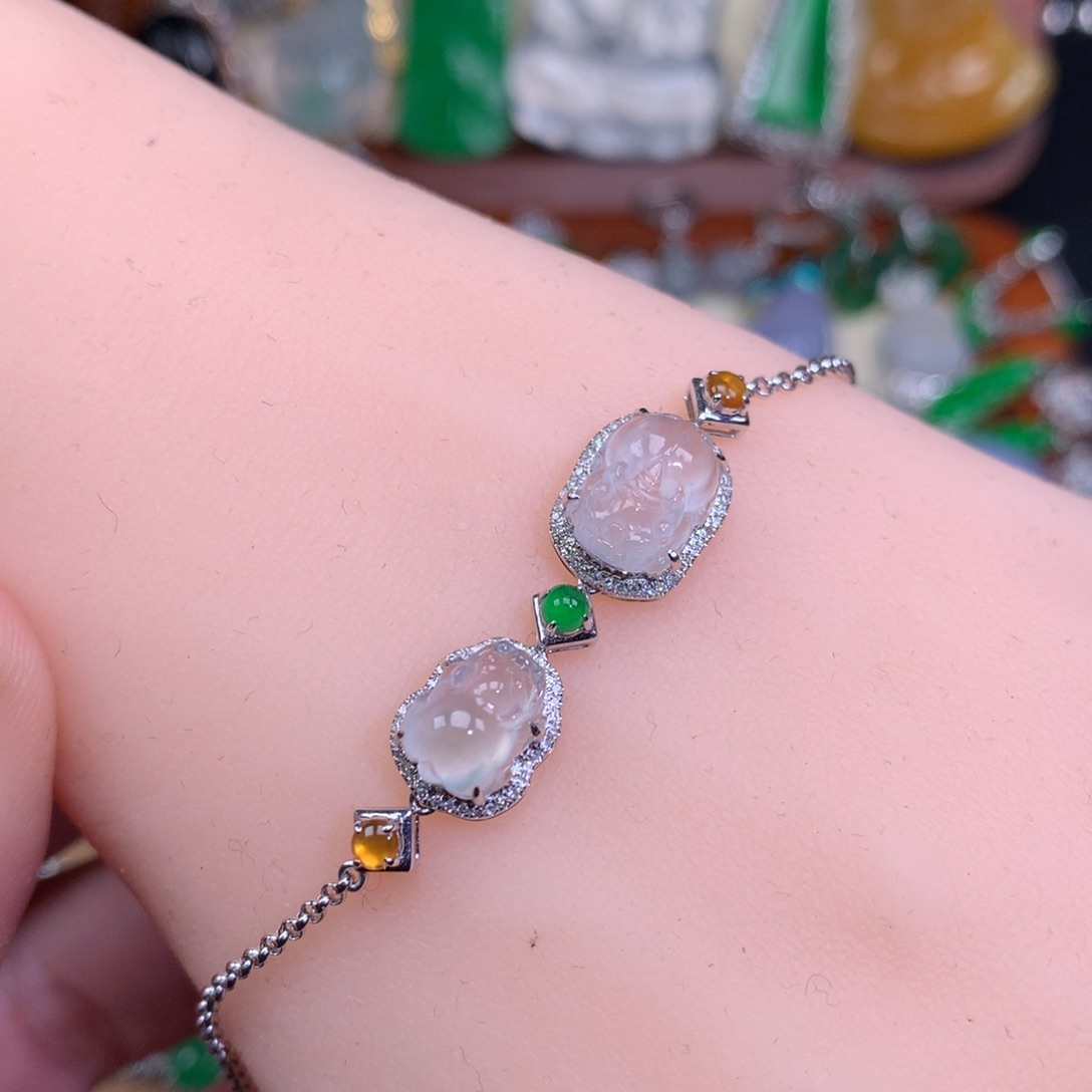 翡翠手链18K金镶嵌皮休