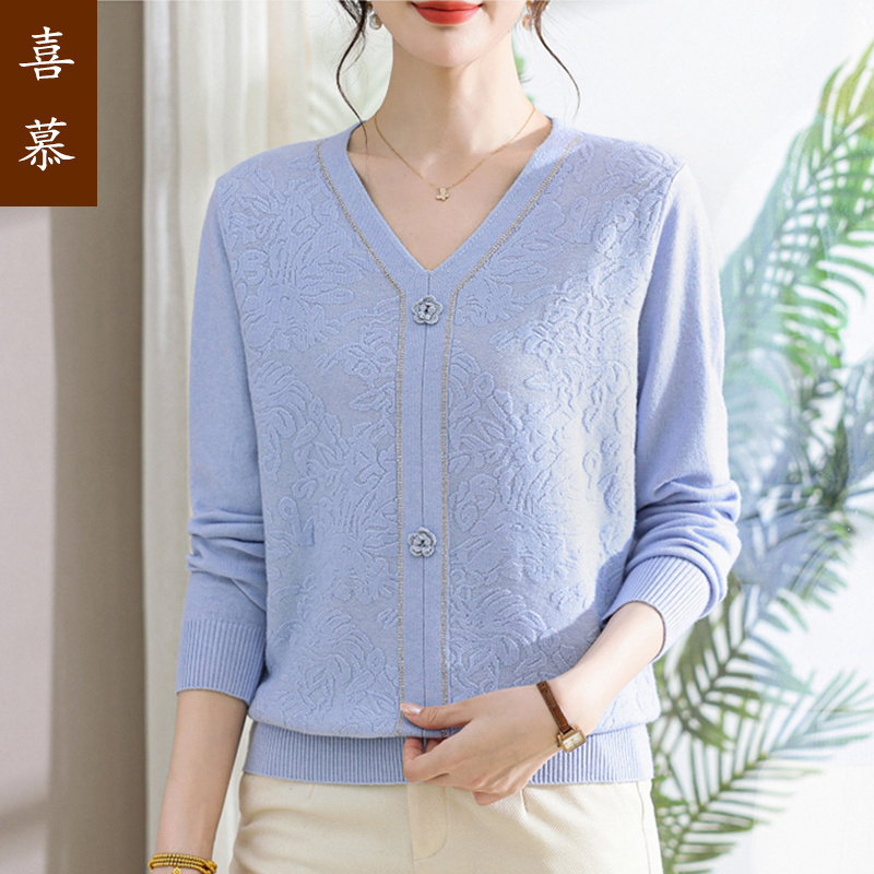 2025新款V领针织小衫中老年女装新中式打底衫妈妈秋装长袖薄毛衣