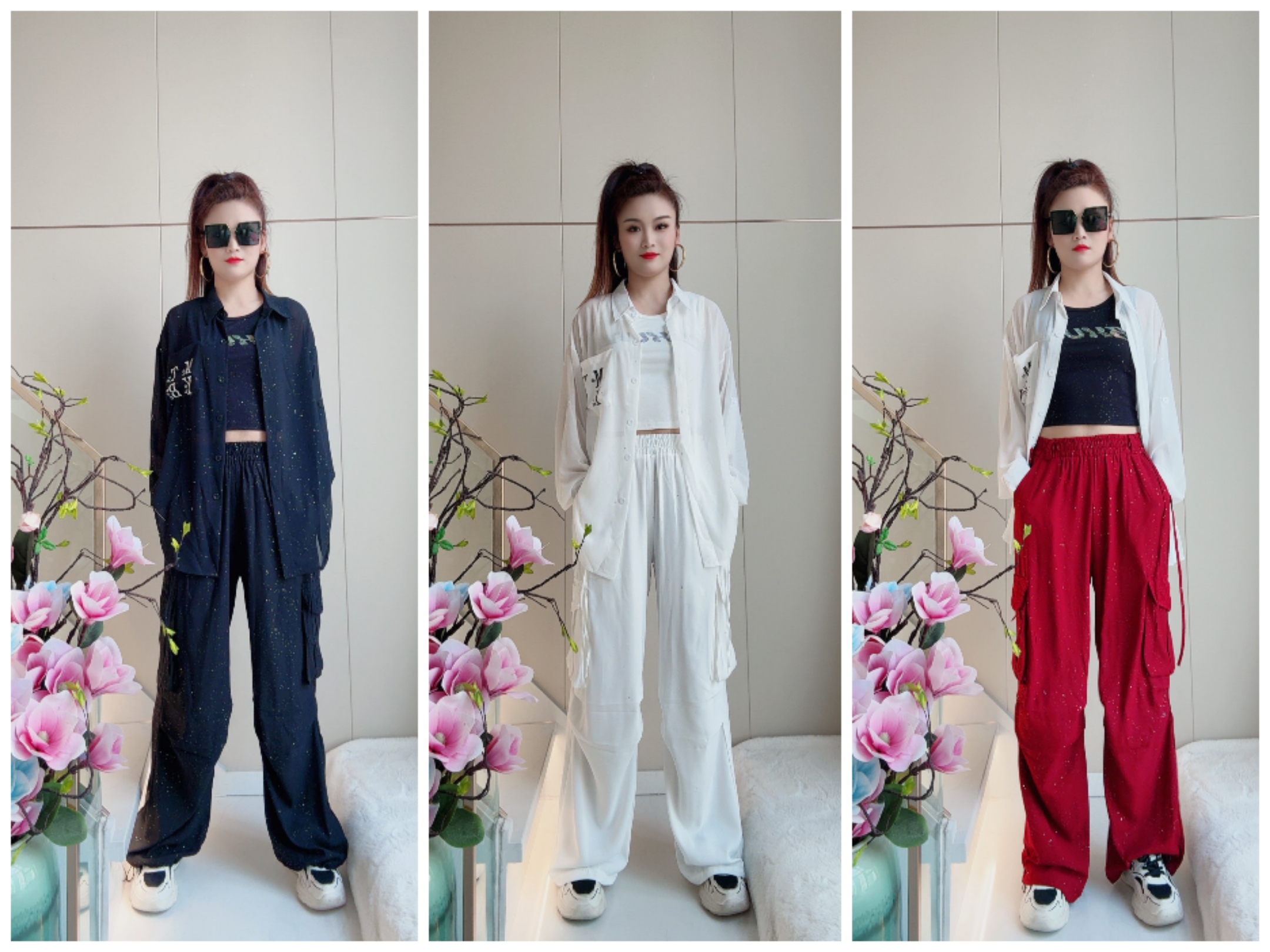 CXX夏季薄款8192亮片口袋工装直筒裤