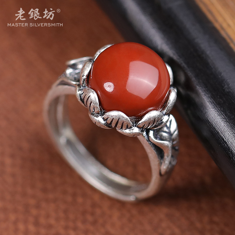 老银坊s925银复古玛瑙莲花戒指 0031236