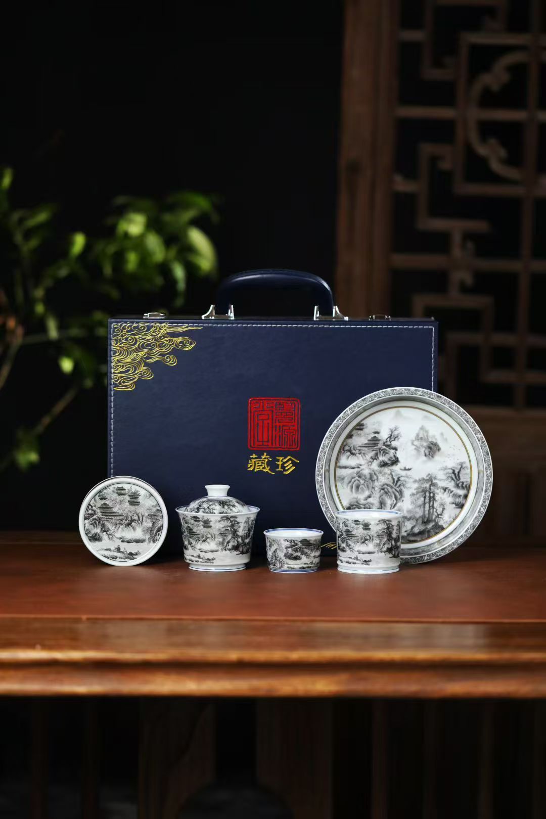 景德镇墨彩春山图山水茶具家用高端出具五件套礼盒装陶瓷