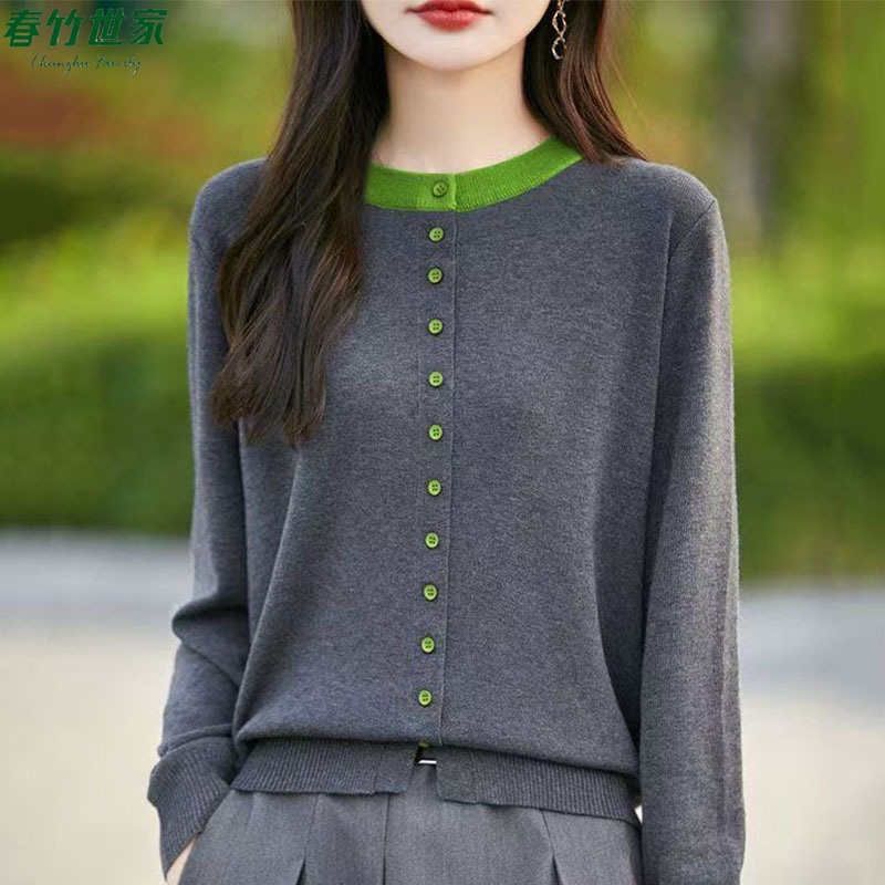 春竹世家撞色女圆领气质羊毛打底宽松洋气毛衣女士上衣羊绒针织衫
