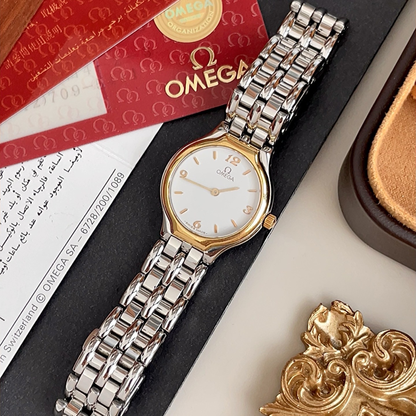 95新 Omega/欧米茄 18K真金贵金属圈·立体数字刻度·石英腕表