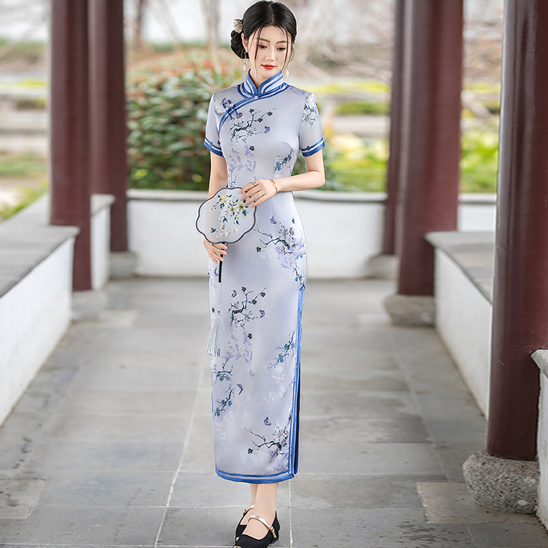 新中式旗袍2025夏季老上海日常可穿气质素雅国风礼服长款蓝色裙子