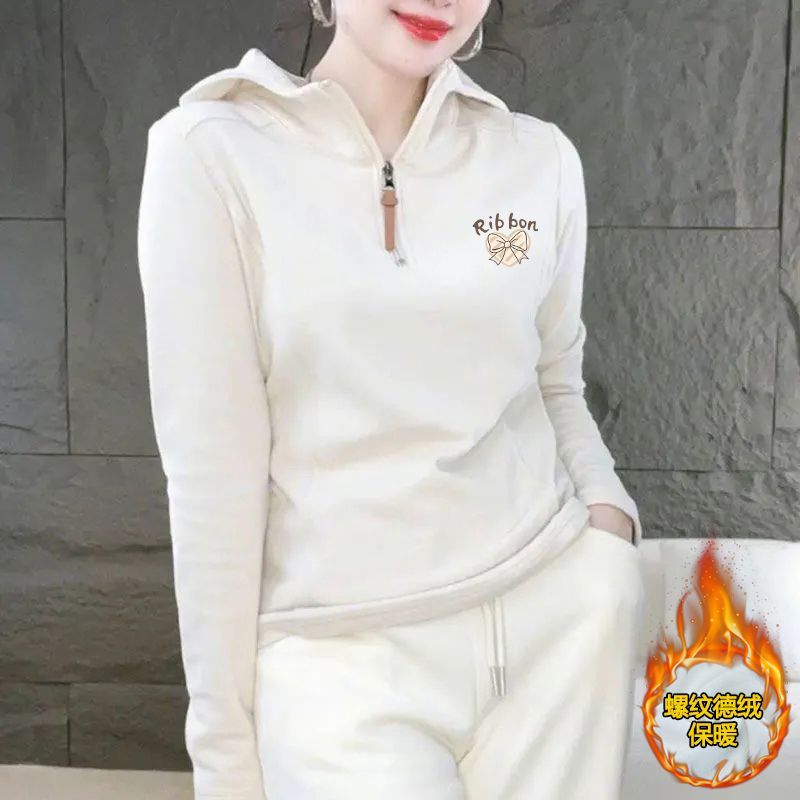 2025新款纯色女连帽秋冬季加绒加厚洋气连帽长袖t恤百搭女士上衣