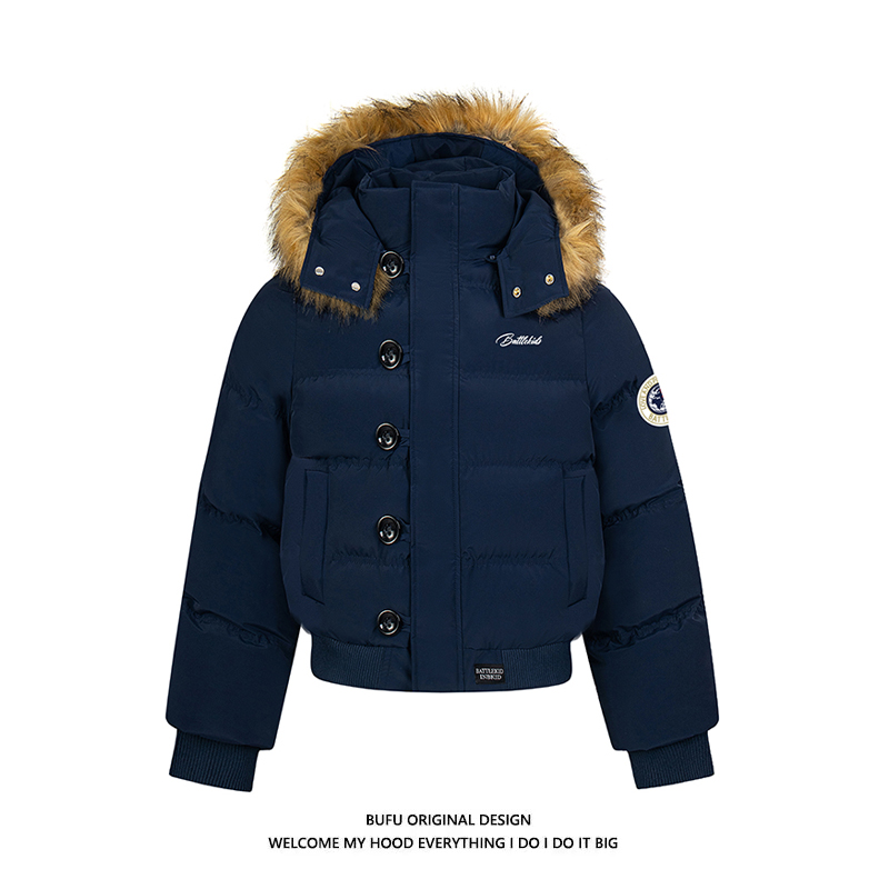 亿万少年BUFU美式毛领连帽棉服外套女冬季加厚保暖派克服短款棉衣
