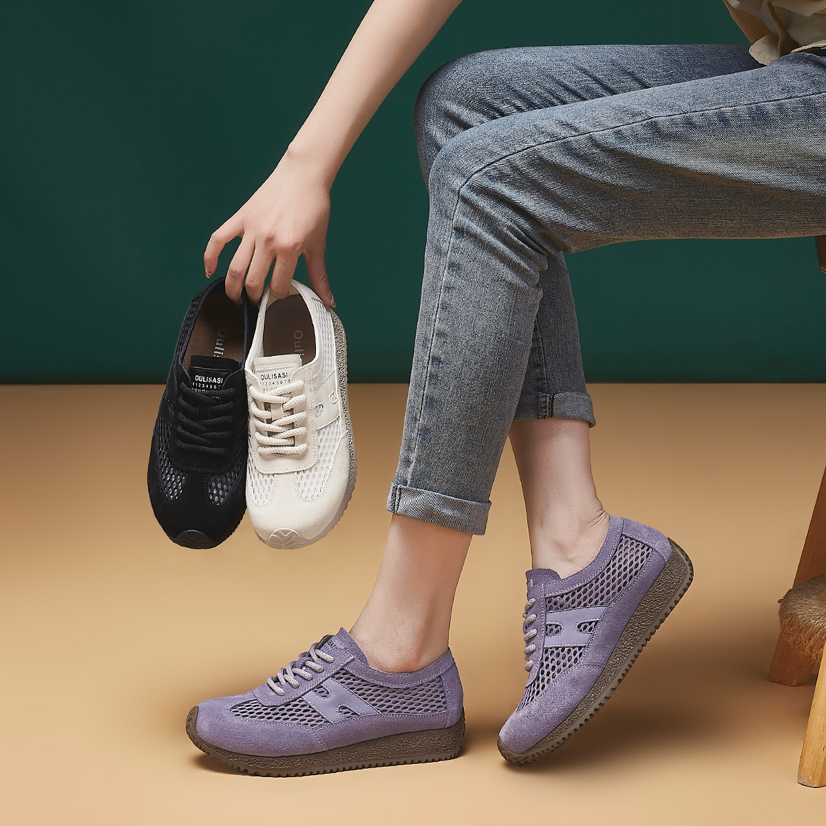 Oulisasi2025新款夏季网面系带阿甘透气软底软面舒适不累脚休闲鞋