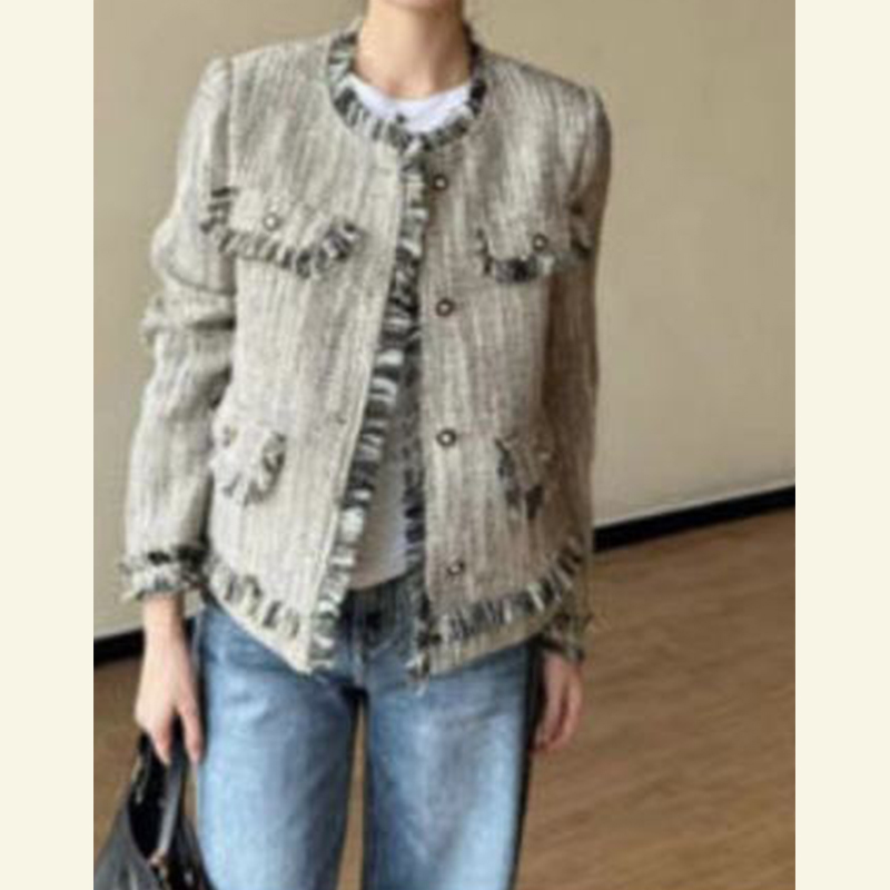 D10N2078重工流苏外套上衣女秋冬小香风复古圆领粗呢时尚开衫