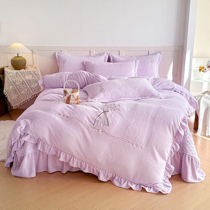 【床盖款】韩版加绒加厚牛奶绒四件套冬季保暖绣花双面绒被套床裙式