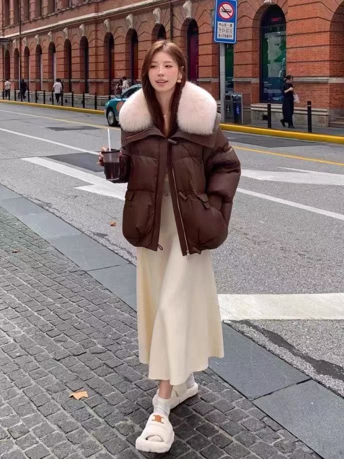 收腰合格品女时尚宽松咖色皮领格纹短款百搭
