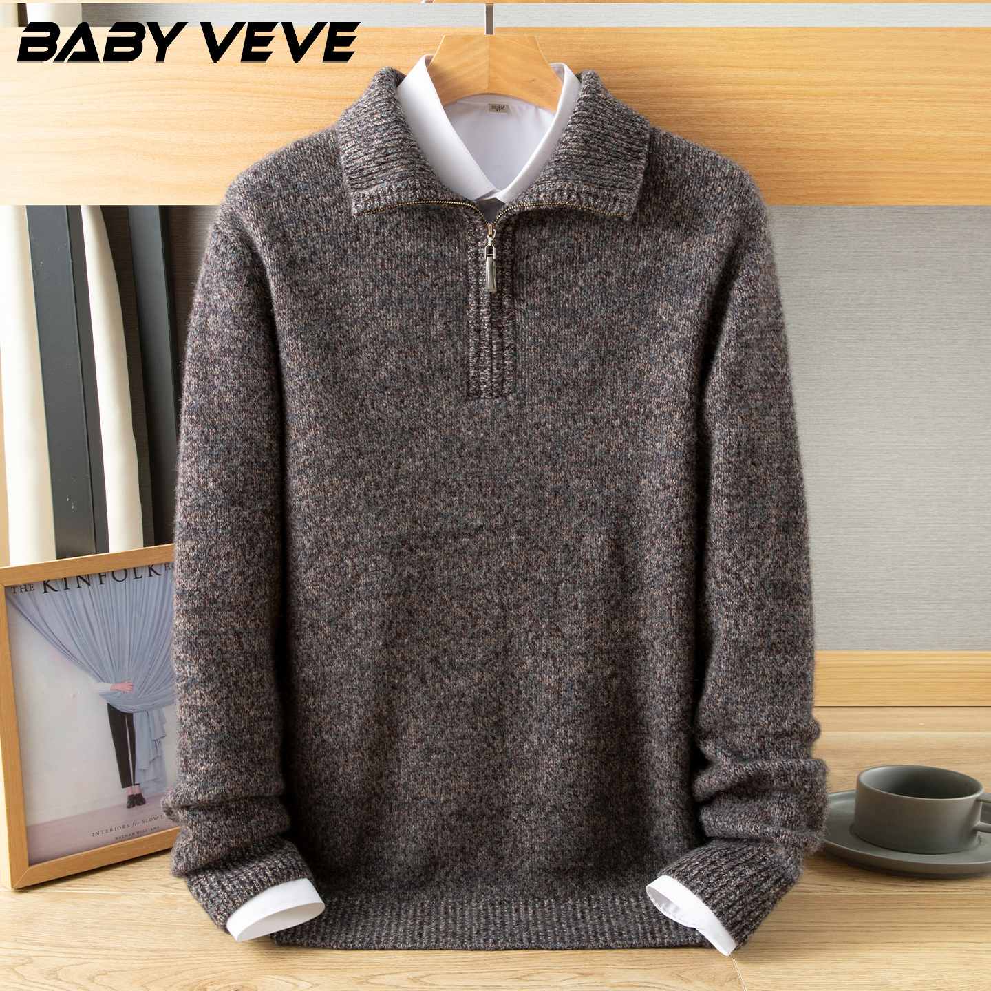 男士冬季拉链翻领毛衣加厚100%纯山羊绒中老年宽松套头打底针织衫