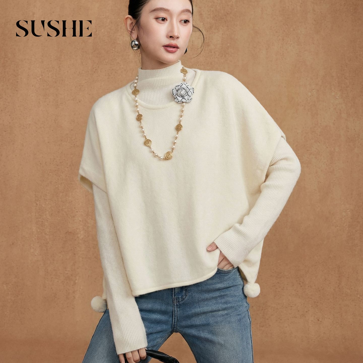 束皙SUSHE【熙语】高领针织衫/多造型不规则斗篷式披肩围巾两件套