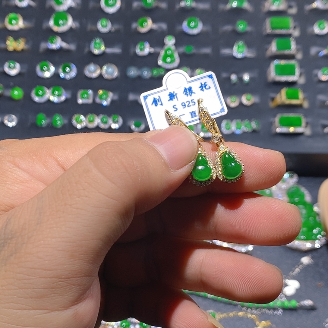 翡翠银S925镀金镶嵌耳饰