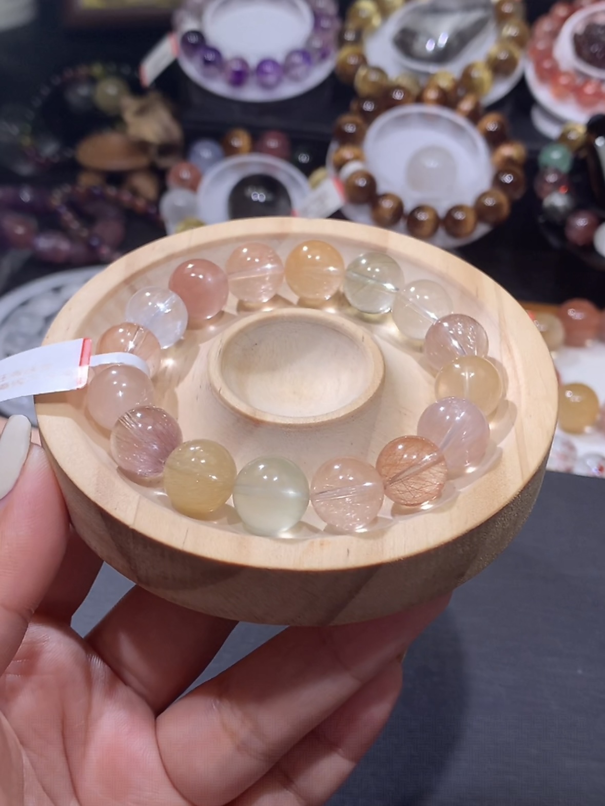 天然水晶手磨珠透彩拉丝彩兔毛手链12mm【09193】