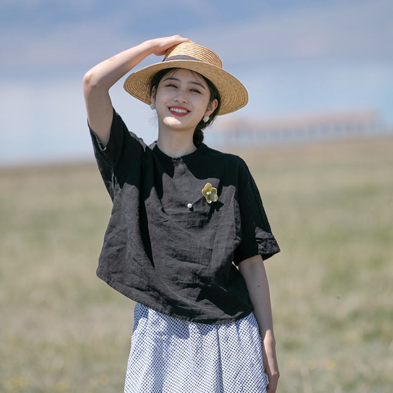 346朵/2025夏季复古黑色小立领短袖亚麻衬衫女T恤文艺小衫