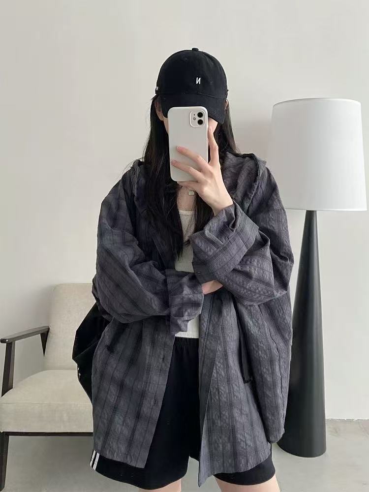 【82002】韩系慵懒风连帽格子防晒长袖衬衫男女同款