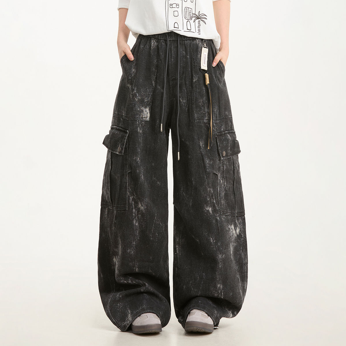 NOONOZ工装裤男美式复古水洗大口袋裤子宽松直筒垂感高街休闲长裤