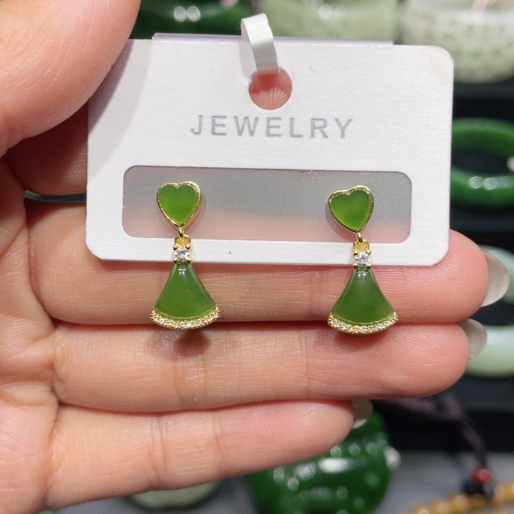 和田玉耳饰银S925镶嵌