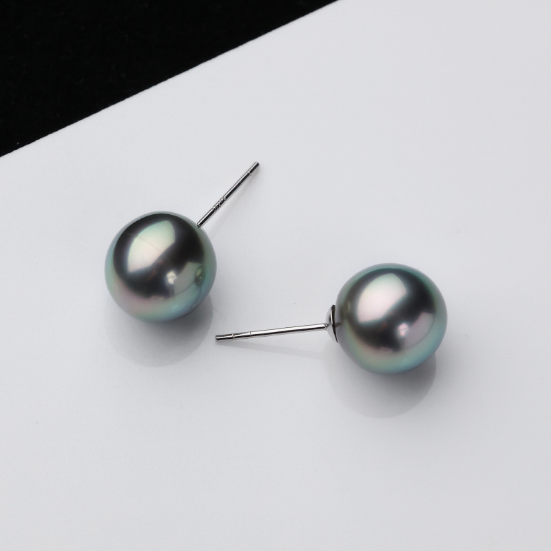 大溪地铂金灰海水珍珠耳钉9-10mm极光18k金时尚简约风高级感耳饰