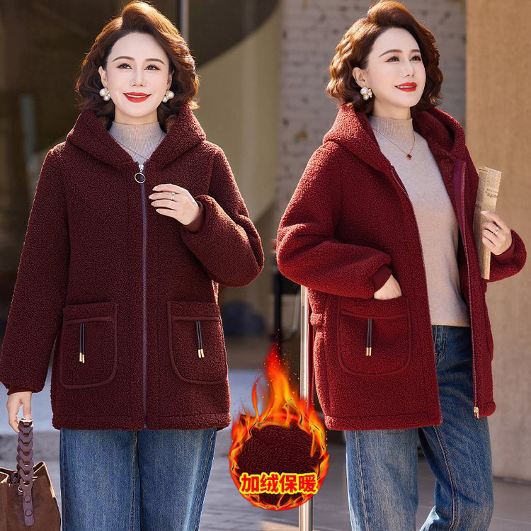 中老年秋冬加绒加厚连帽颗粒绒棉衣保暖棉袄宽松妈妈装外套