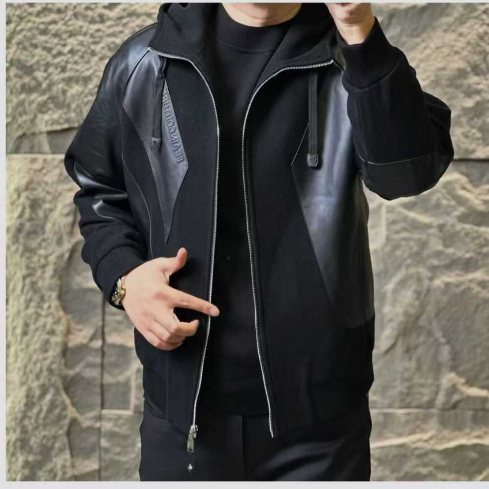 88778   新款男士高奢时尚休闲羊毛羊绒拼皮夹棉夹克