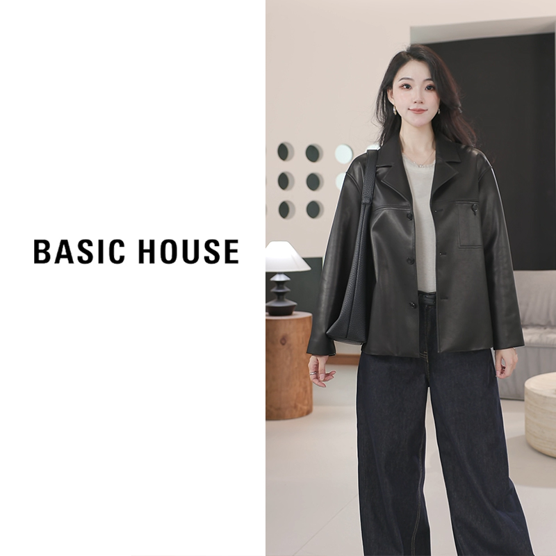 Basic House/百家好 2025新款宽松休闲皮夹克B1295B52382（衣长65）
