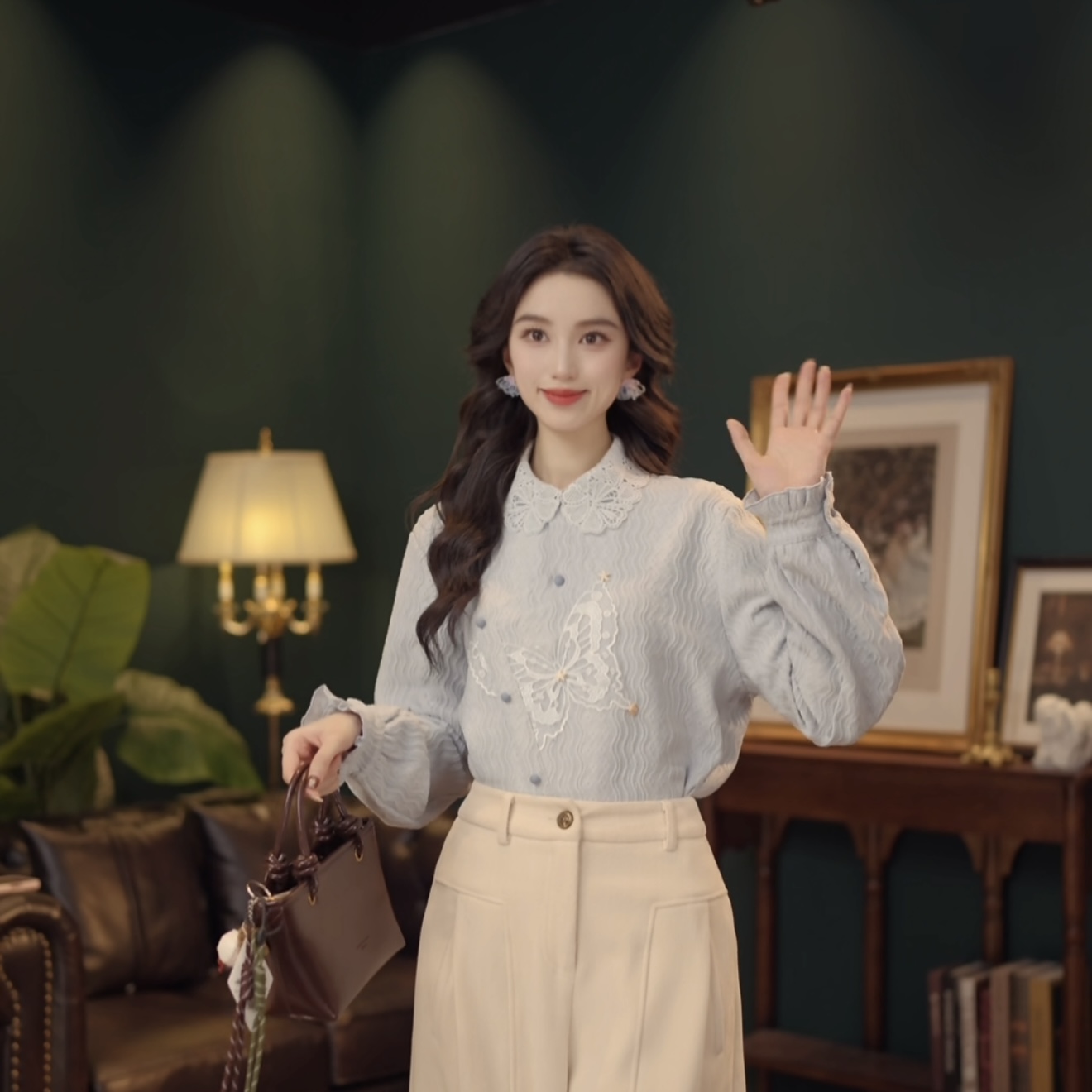 琦琦【蓝梦蝶海】复古港风秋冬厚款休闲百搭衬衫上衣YE0708516