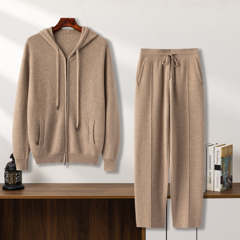 【套装】100%纯山羊绒厚款连帽羊绒套衫韩版秋冬宽松加厚休闲毛衣衫