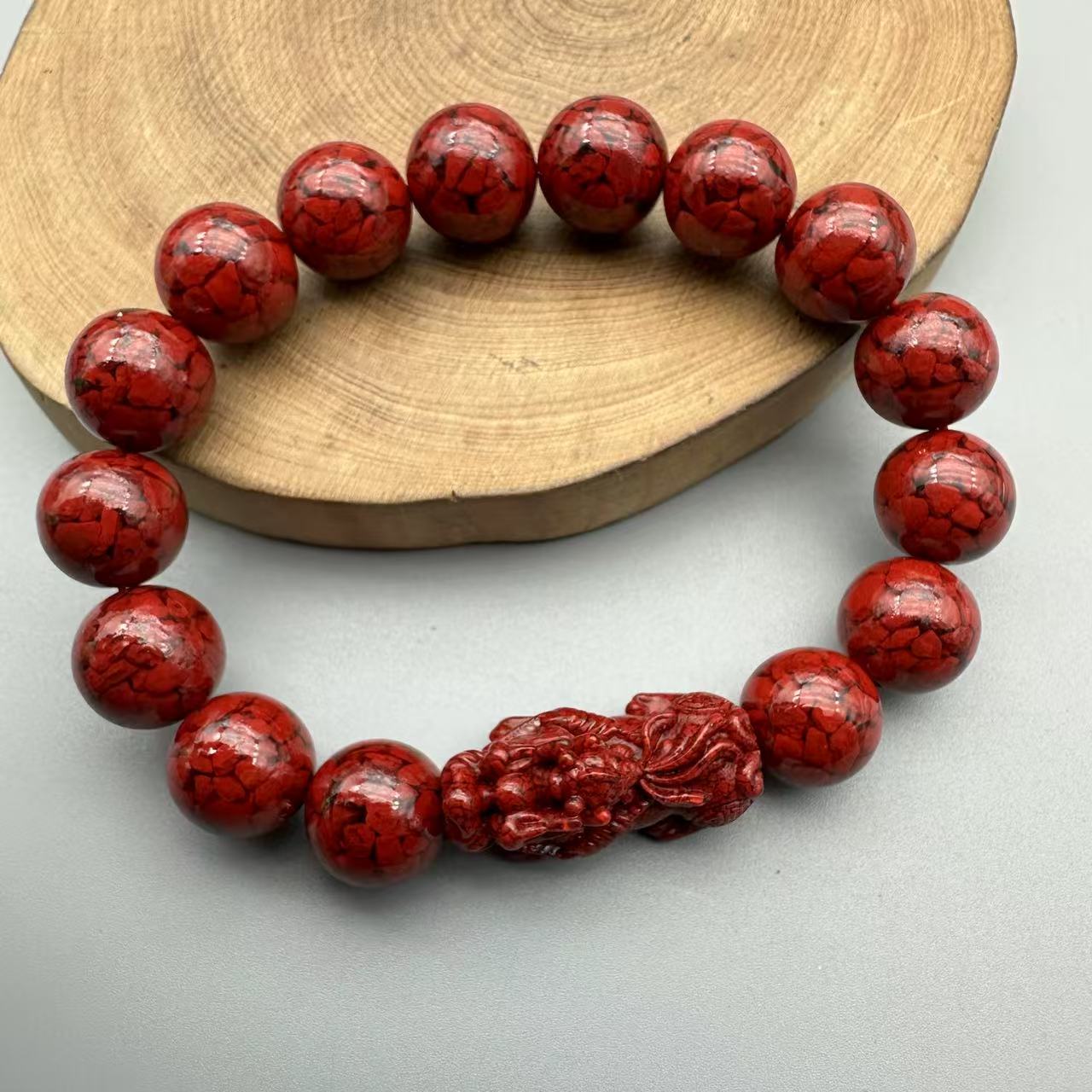 含辰砂工艺品JT172-晶体砂雕刻貔貅配素珠12mm单圈手串