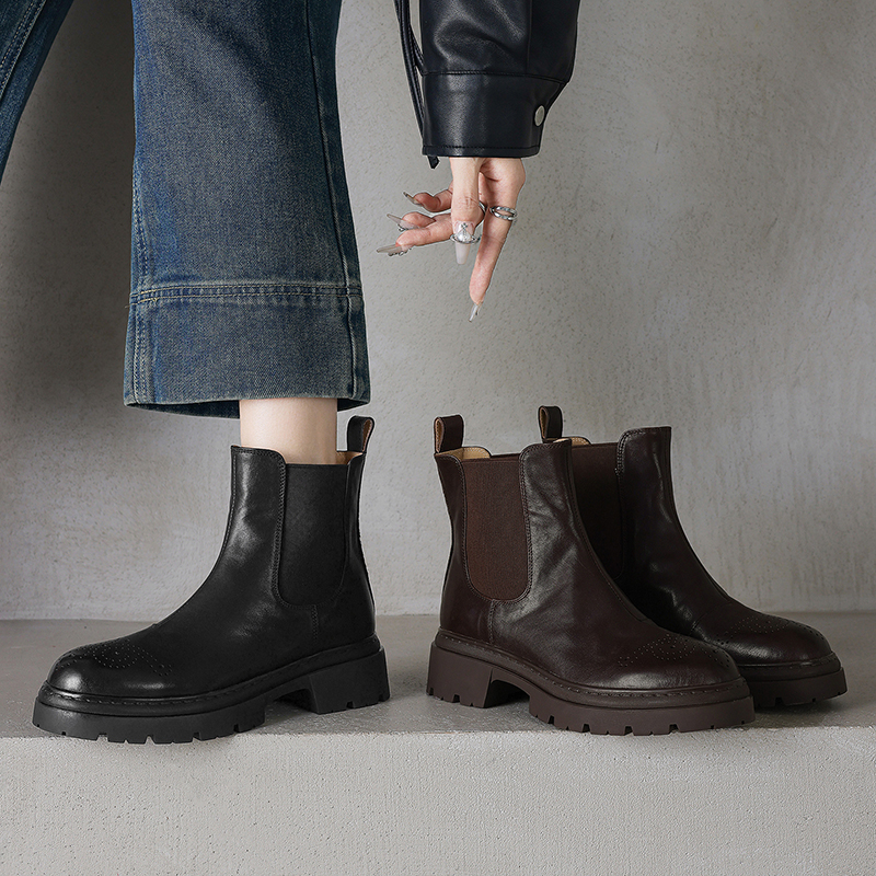 【NICESEE】5cm,英伦风厚底真皮马丁靴女休闲百搭布洛克切尔西短靴