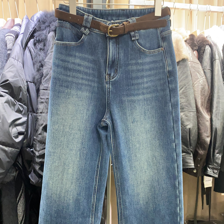 77012-10冬季阔腿牛仔裤女小直筒九分裤复合加厚绒