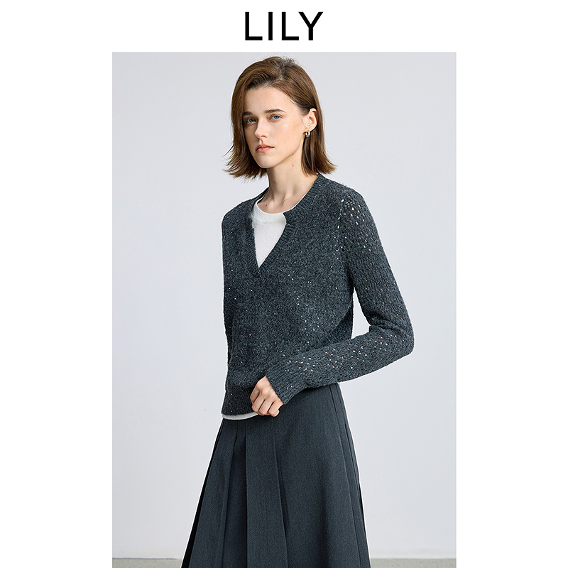 LILY2025冬新款女装含羊毛假两件镂空珠片针织衫毛衣125409TK952