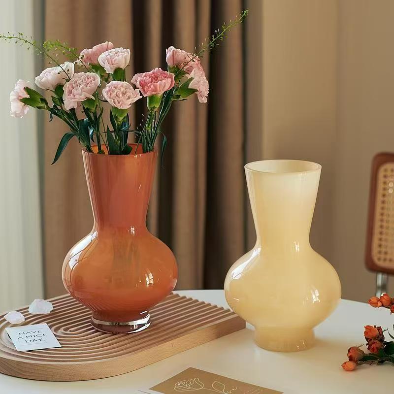 网红中古芬顿风瓷粉料玻璃花瓶奶油色插花百合玫瑰水培桌面摆件