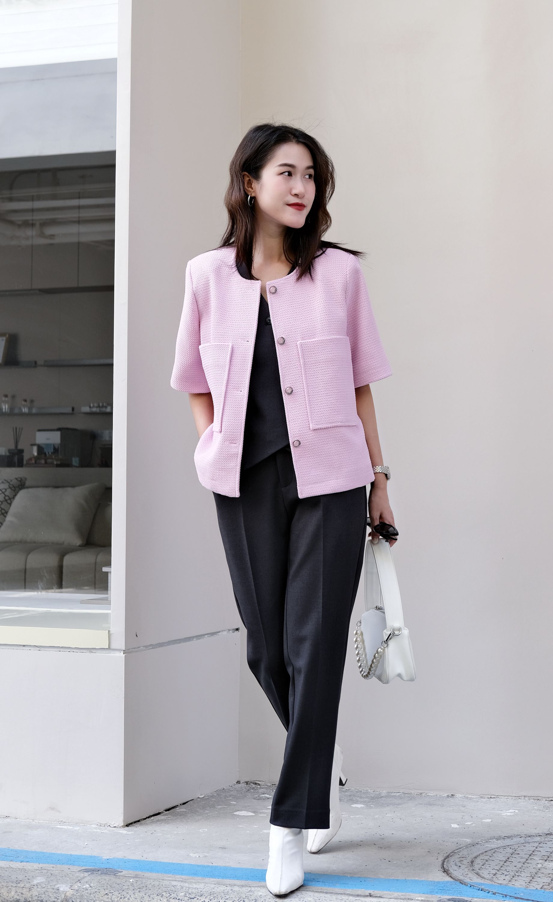 奕色【樱花粉箱型短外套】华夫格短袖