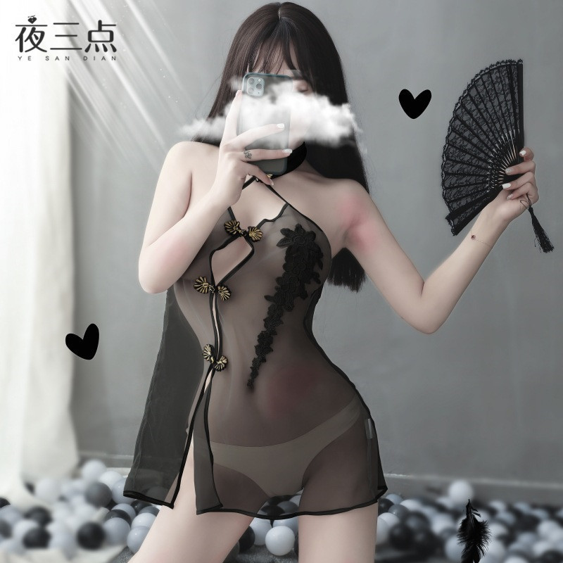 睡裙女性感修身新中式短款透感复古显瘦夏季纯欲风开叉古风盘扣