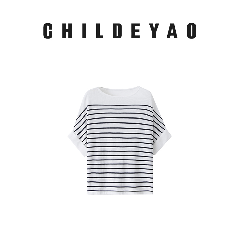 【海风】条纹撞色落肩蝙蝠袖百搭圆领短袖针织上衣 1068