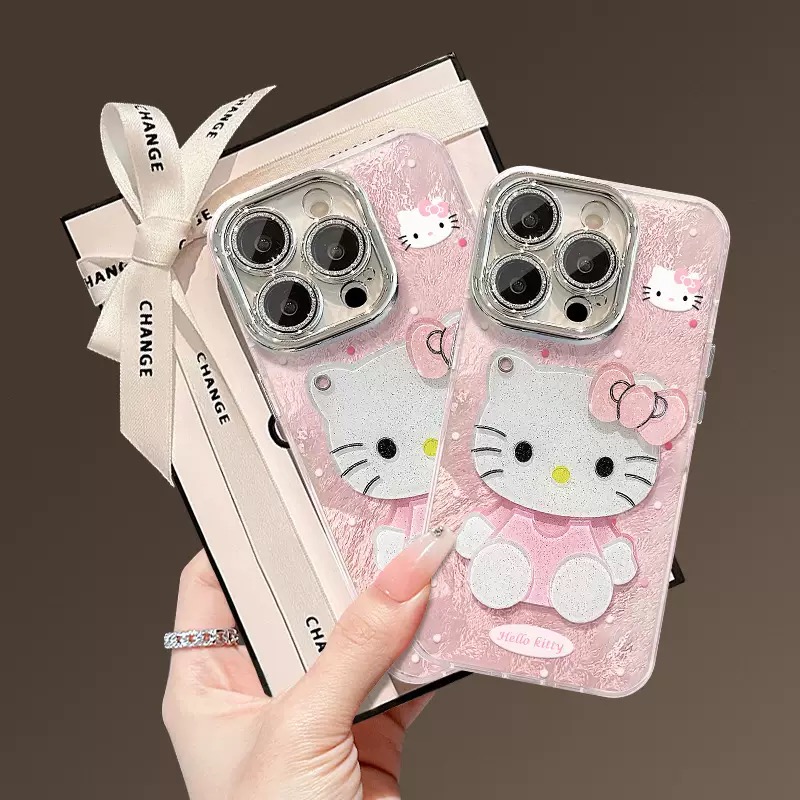 可爱kt猫补妆镜适用苹果手机壳自带镜头膜 防摔 冰川纹 少女